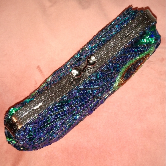 Peacock Feather 20s 30s Retro Sequin Clutch Purse Blue Green Bag Crossbody Chain - Picture 7 of 14